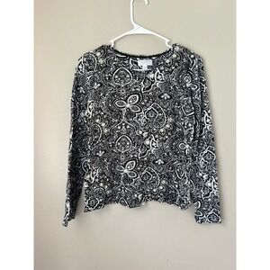 Charter Club Luxury Pima Cotton Top XS Black White Paisley Long Sleeve